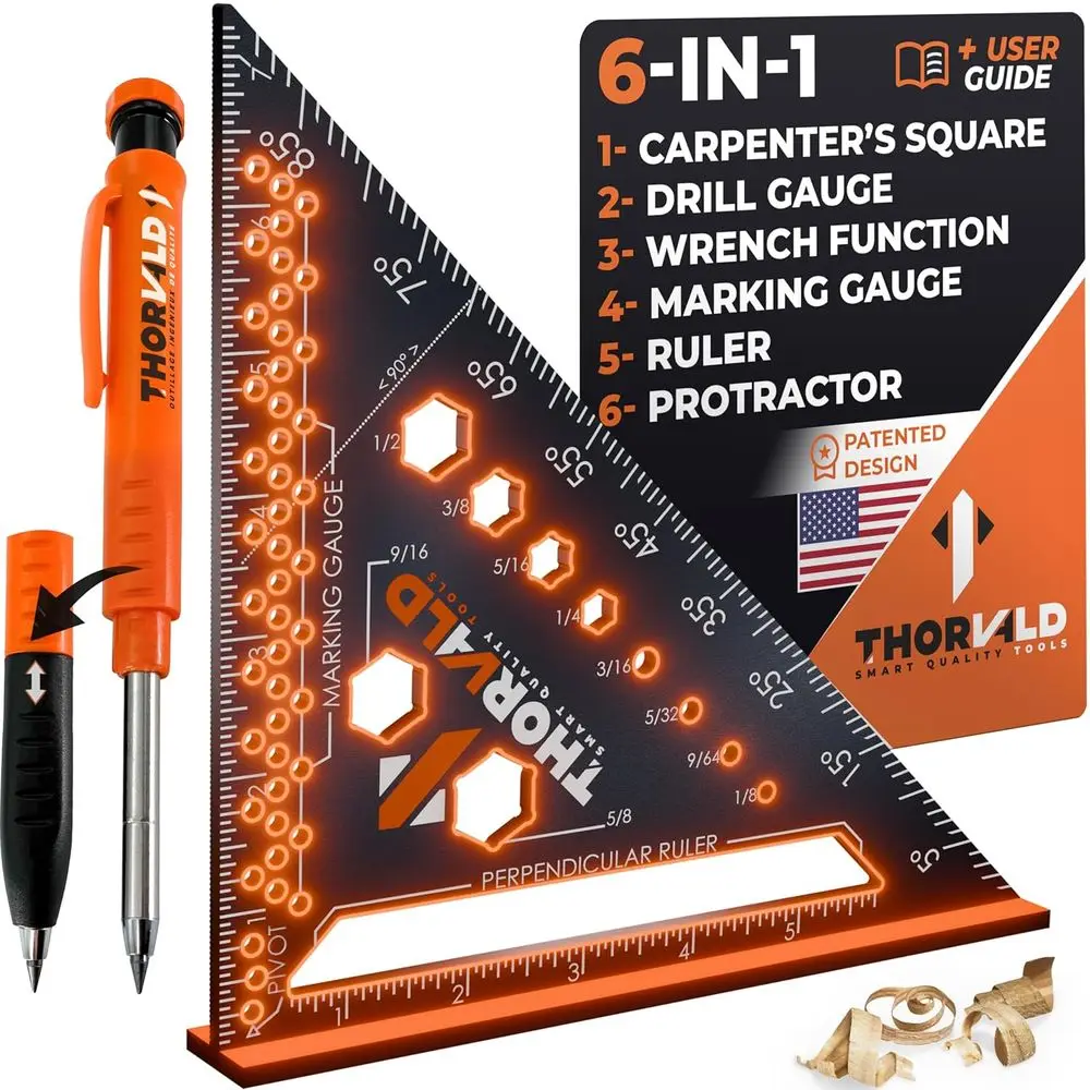 

7 Multi-Function Carpenter's Square: Wrench, Square, Protractor, Ruler, Marking Gauge, Drill Gauge with 2-in-1 Pencil