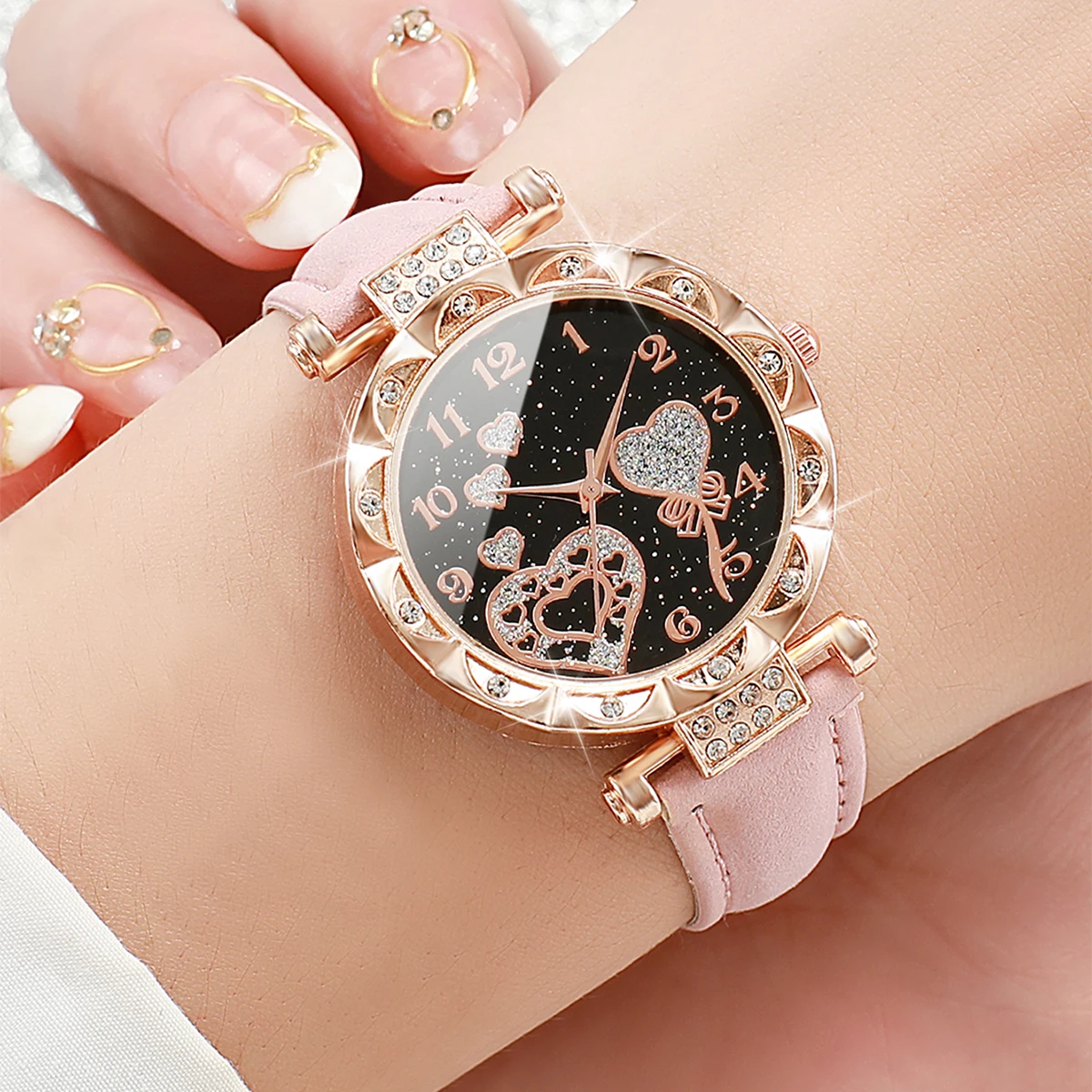 Pink Black 2PCs/Set Women\'s Watch Fashion Leather Strap Round Dial Quartz Wristwatch