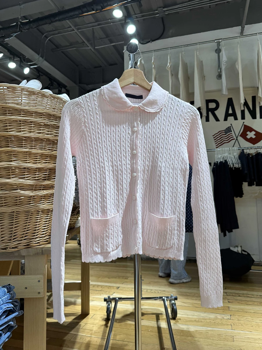 

Sweet Pink Pocket Cable Slim Short Cardigan Sweater Women Lace Trim Peter Pan Collar Simple Casual Knitted Long Sleeve Outerwear