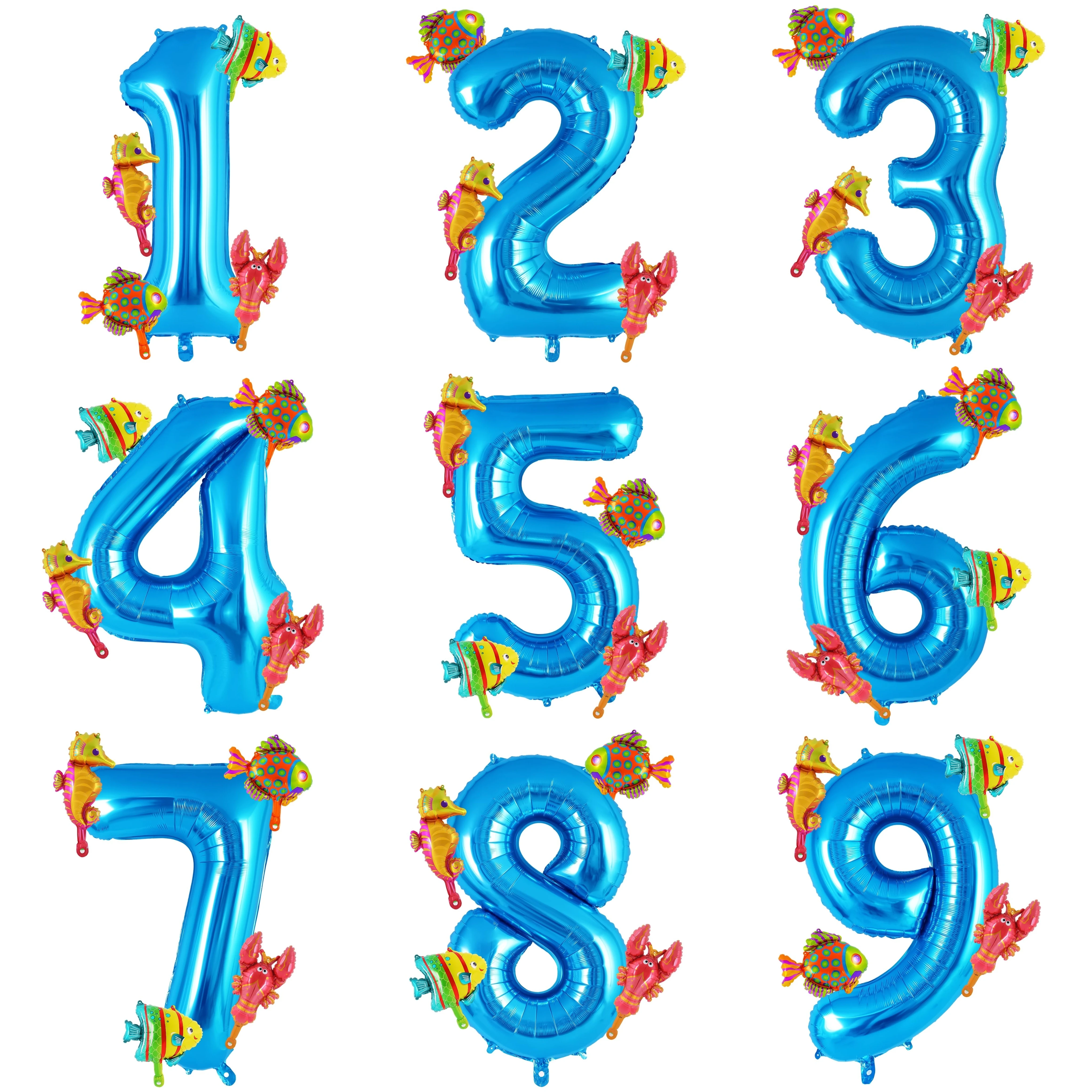 5Pcs Mini Sea Animals Balloons Set 32inch Blue Number Balloon Octopus Seahorse Fish Foil Balloons for Kids Birthday Party Decors