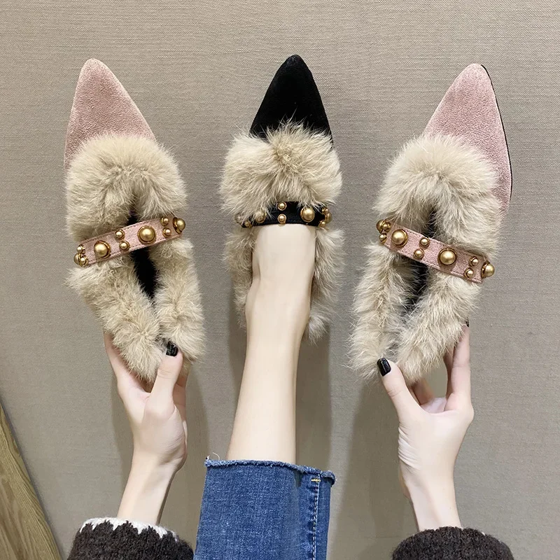 2024 Winter New Women Pointed Toe Rivet Thick Heels Loafer Retro British Style Warm Casual Slip on Chunky Footware Women Shoes