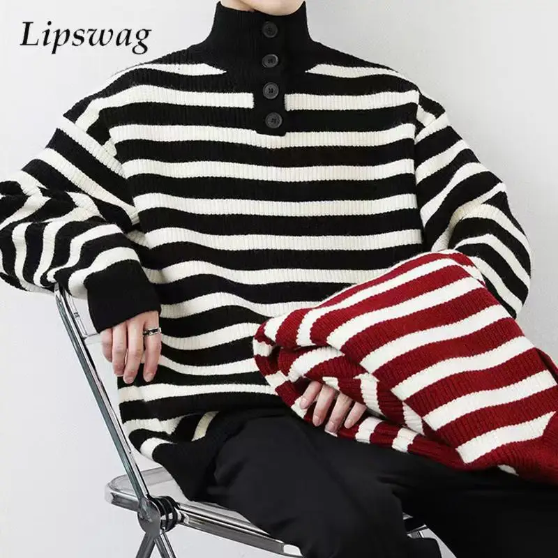 

Trendy Striped Knitting Jumper Tops Mens Autumn Fashion Long Sleeve Buttoned Turtleneck Sweaters Men New Casual Knitted Sweater