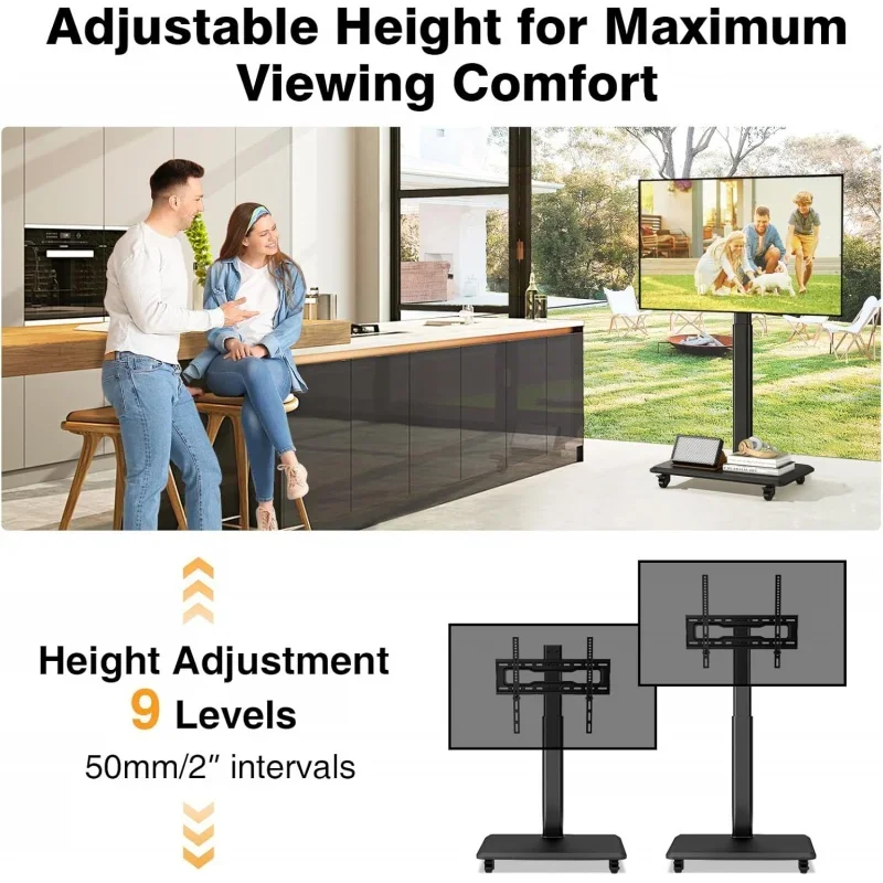 Rolling TV 32 to 65 70 Inch TVs, Elegant Floor TV Stand Wheels, Mobile TV Stand with 9 Levels of Height Adjustment Optimal