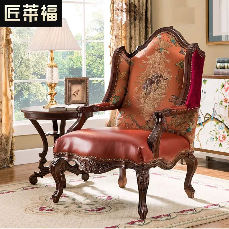 

YFY country leather single sofa European living room leisure tiger chair solid wood carving flower club negotiation chair