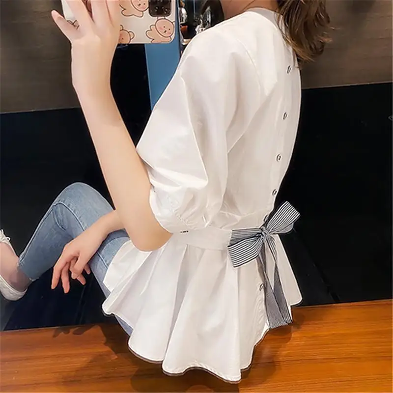 Back Button Big Bow Sashes White Blouse Summer Women Korean Sweet Wrap Vneck Peplum Office Elegant Chic Two Wear Shirts Top 2022