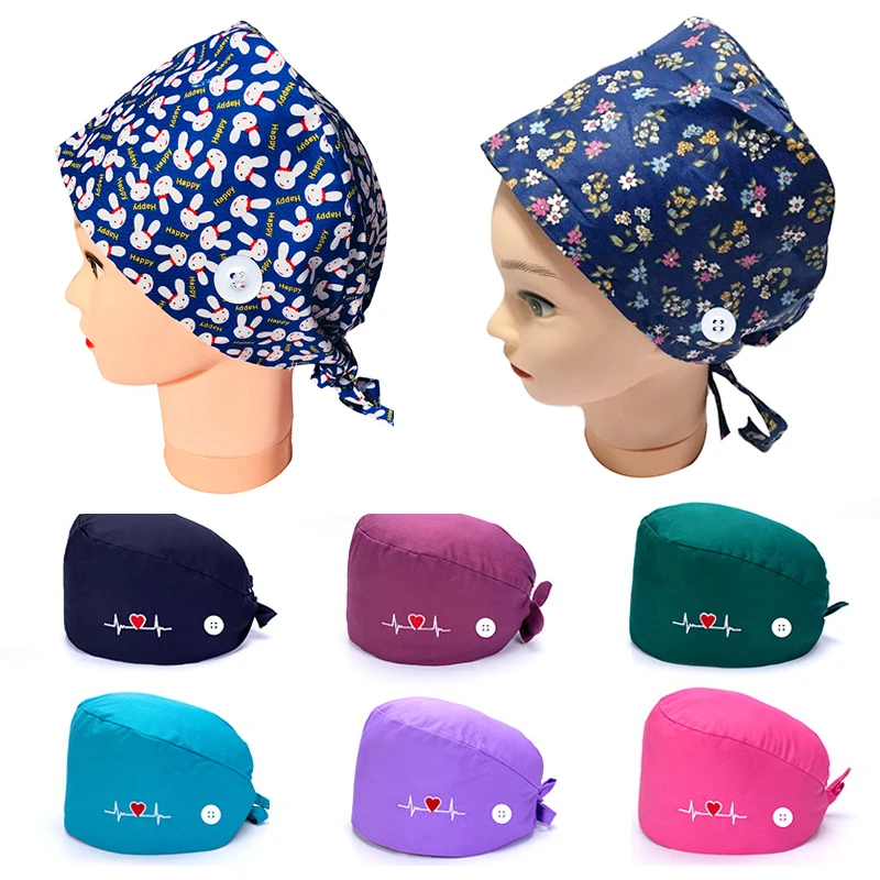 Gorros de trabajo con estampado para salón de belleza, gorro de algodón elástico para el cuidado de mascotas, gorro de trabajo con botones, Unisex