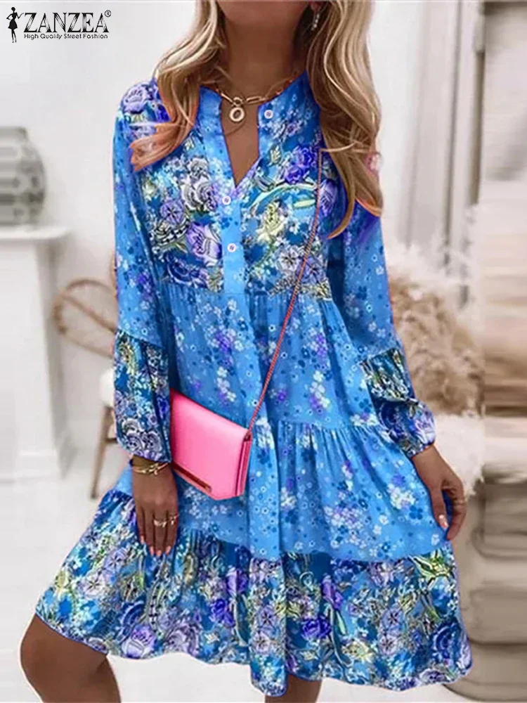 ZANZEA Bohemian Vrouwen Feestjurken Lange Mouw Bloemen Gedrukt Knielange Zonnejurk 2025, Herfst Casual Vintage Verstoorde Vestidos