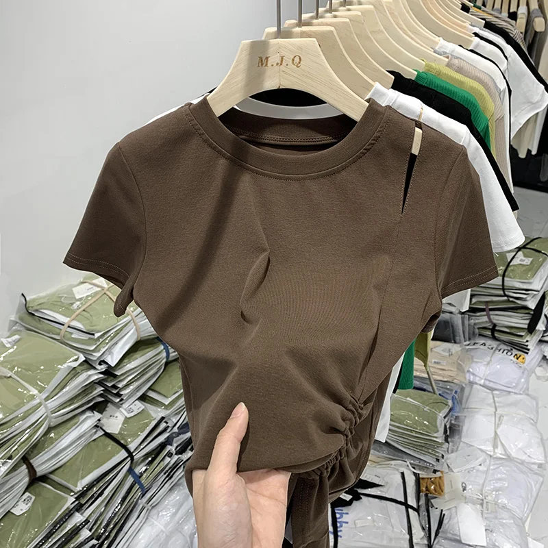 Shirring Drawstring Design Skinny Short T-shirt For Women Summer Slim Holes Short Sleeve Chic Top Female Cotton Korean Tees