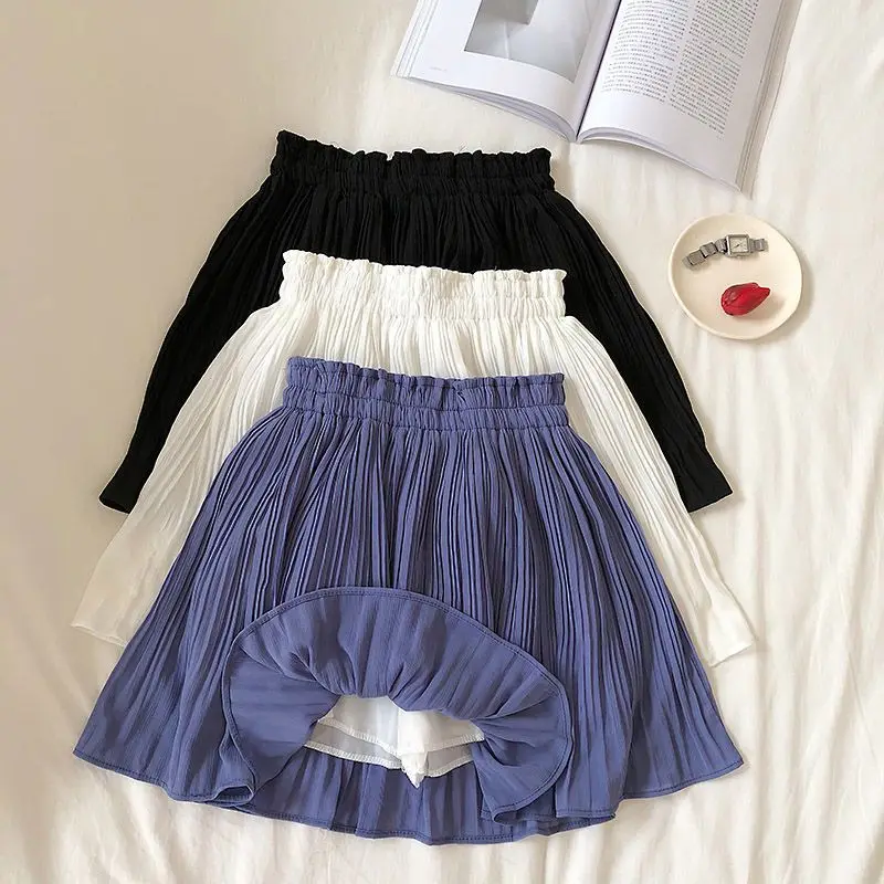 2022 Summer New Korean Edition Solid Color Chiffon Half Skirt Small Fresh High Waist Slim 100 Pleated Anti Shining Skirt Pants