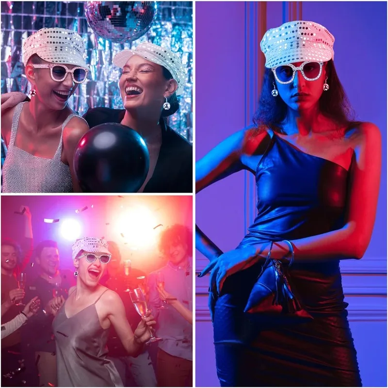 Ensemble d'accessoires de Costume Disco des années 70 pour femmes, boucles d'oreilles Disco des années 80, chapeau à paillettes, lunettes de soleil, accessoires de spectacle sur scène, fête d'halloween, 3 pièces