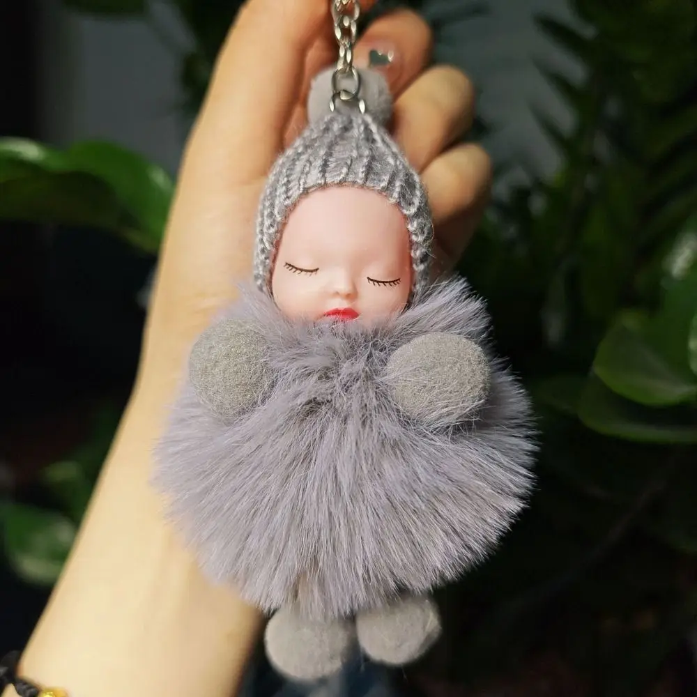 Knitted Hat Pompom Sleeping Baby Keychain Lovely Solid Color Sleeping Baby Key Chain Baby Doll Fluffy Sleep Baby Pompom Keyring