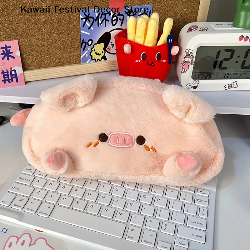 【K】Plush Pink Color Piggy Pencil Case Creative Korean Fashion Student Pencil Bag High Capacity Stationery Scrapbook Storage Bag