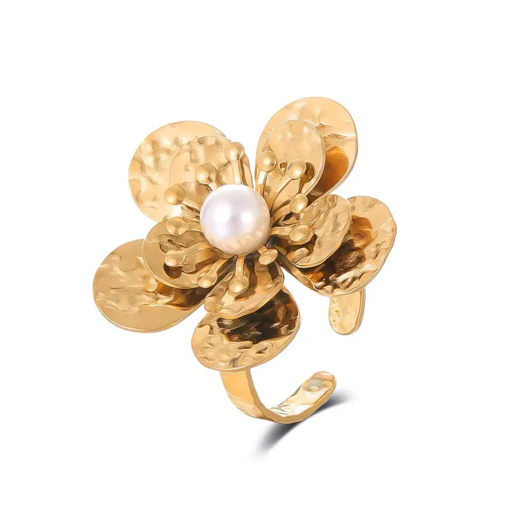 

High quality stainless steel imitation pearl five petal flower ring, women's exquisite adjustable jewelry, party gift