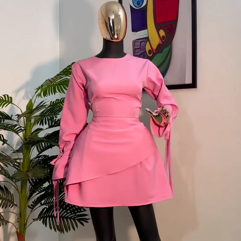 

Women's Clothing 2025 Spring New Sweet and Fresh Round Neck Long Sleeved High Waisted Slimming A-line Dress Short Skirt Women