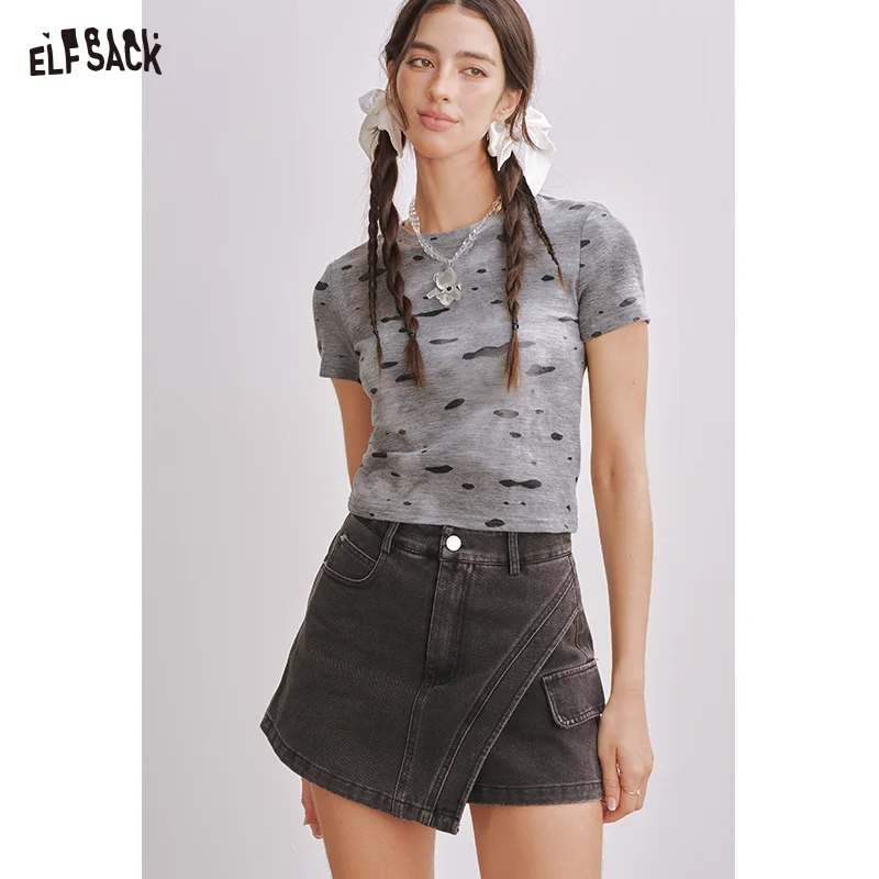ELFSACK 2025 Summer New Arrivals Product American Retro Tie Dyeing Slim Short Sleeve Women'S T-Shirt