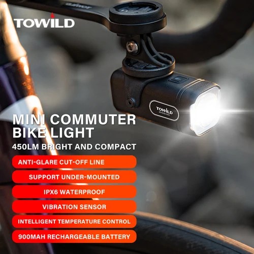 TOWILD 450LM luz de bicicleta desplazamientos Mini luces de bicicleta LED lámpara frontal de ciclismo IPX6 faro compacto linterna de carretera MTB de aluminio