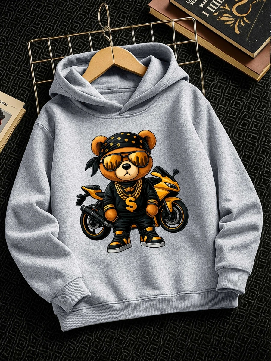 Kids Boys Cool Teddy Bear Graphic Hoodie Grey Printed Hip Hop Sweatshirt School Clothes Birthday Present Autumn Winter Tops