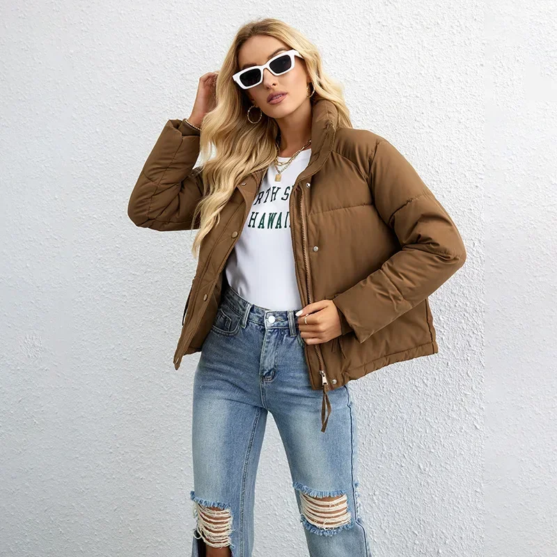 

Winter Short Stand Collar Down Cotton Jacket Women Simple Loose Zipper Bread Coat Cotton Coat Women's Clothing