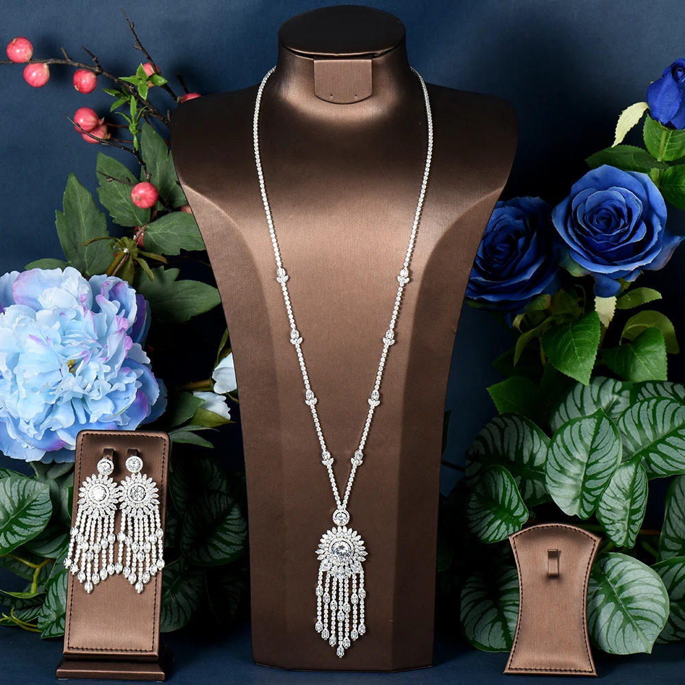 

HIBRIDE Luxury 2PCS CZ Long Tassel Necklace And Earring Sets For Women Girl Bridal Wedding Jewelry Accessories Bijoux N-1333