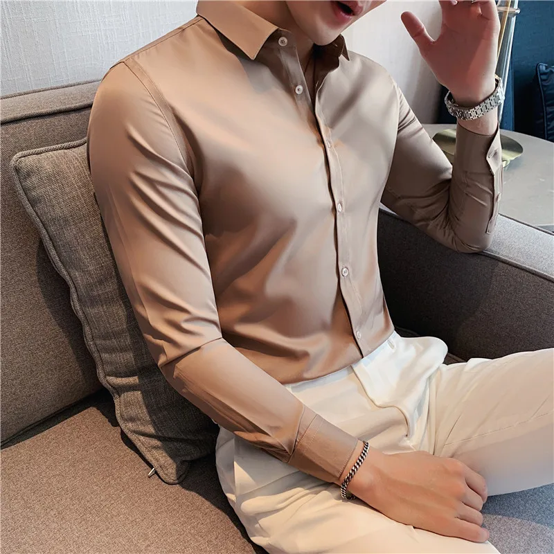 High Quality New Solid Dress Shirt Men Long Sleeve Fashion Slim Male Social Casual Business Shirt Black White Men\'s Dress Shirts