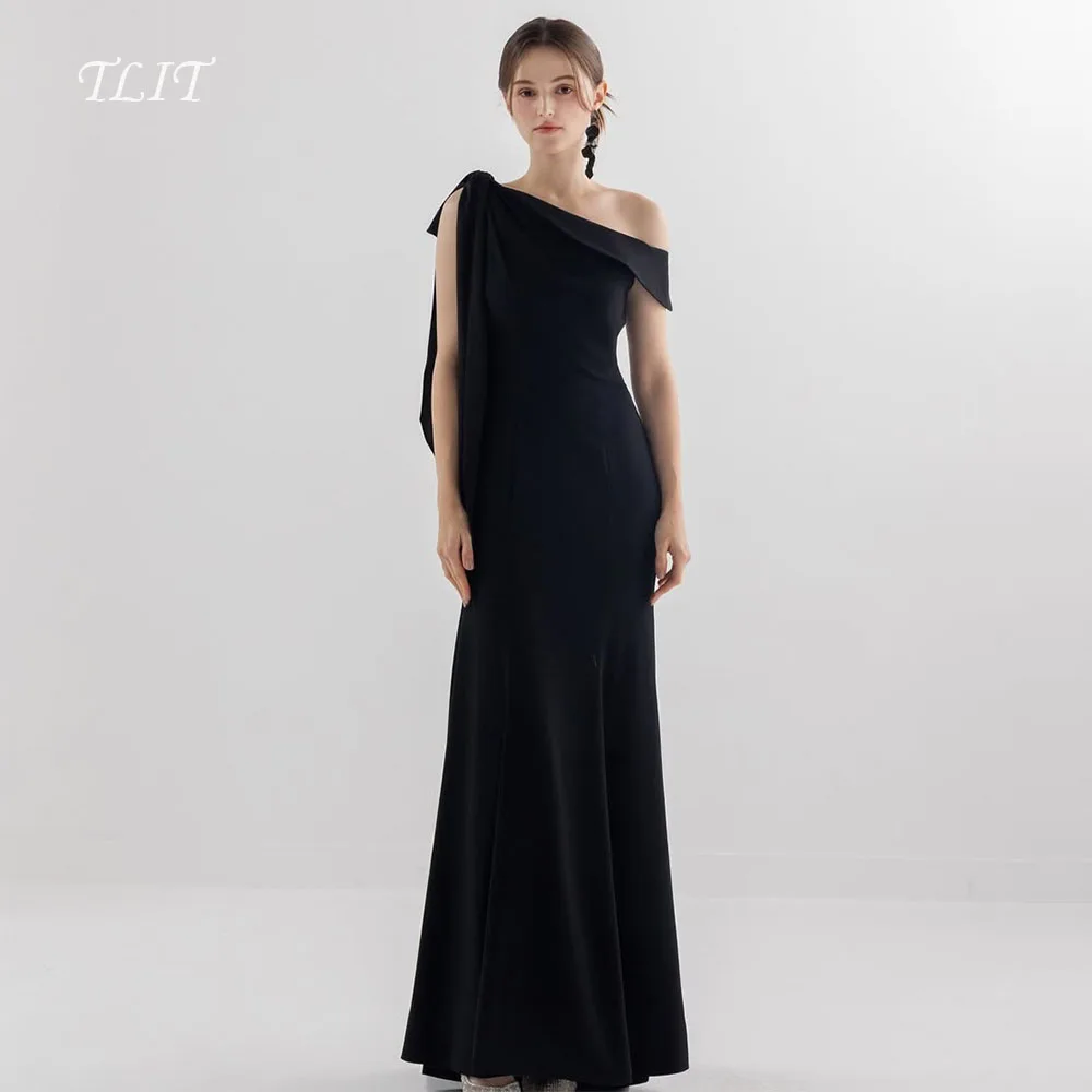 

TLIT Elegant Black Satin Evening Dresses Korea Wedding Dresses Photo Shoot Off The Shoulder Bow Tie Prom Gowns Customized
