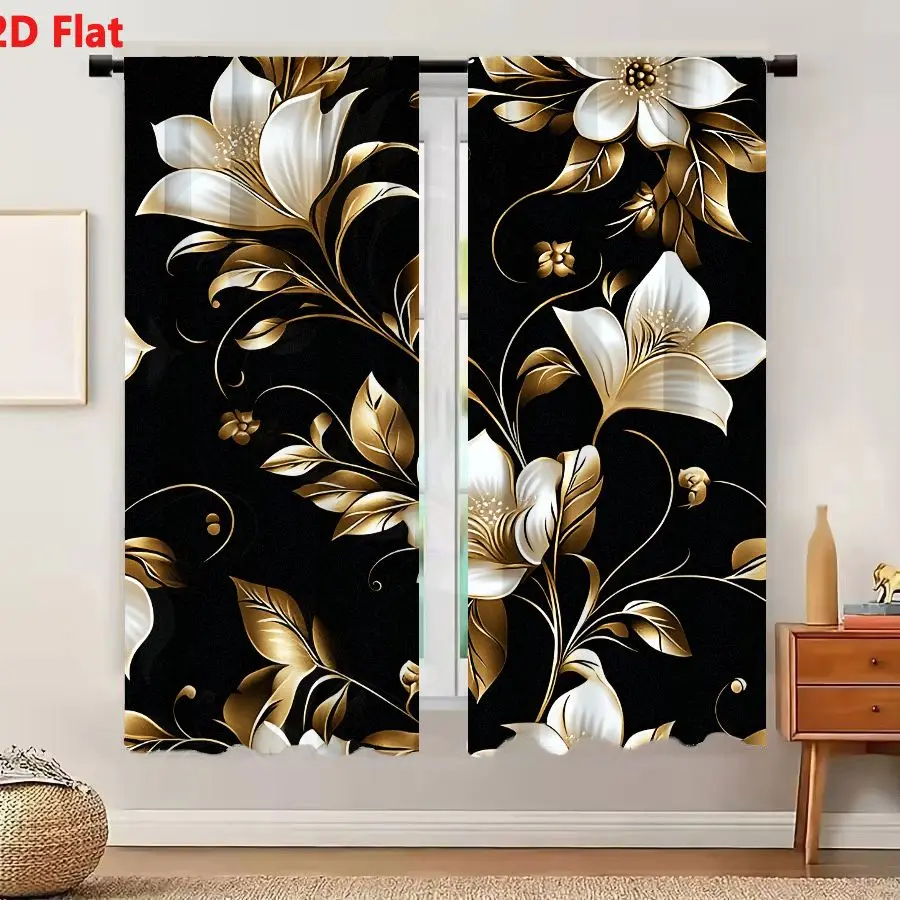 2Pcs Curtains 2D Flat Seamless Floral Pattern Black Background White Flowers Golden-Brown Leaves Intricate Golden Stems Tendrils