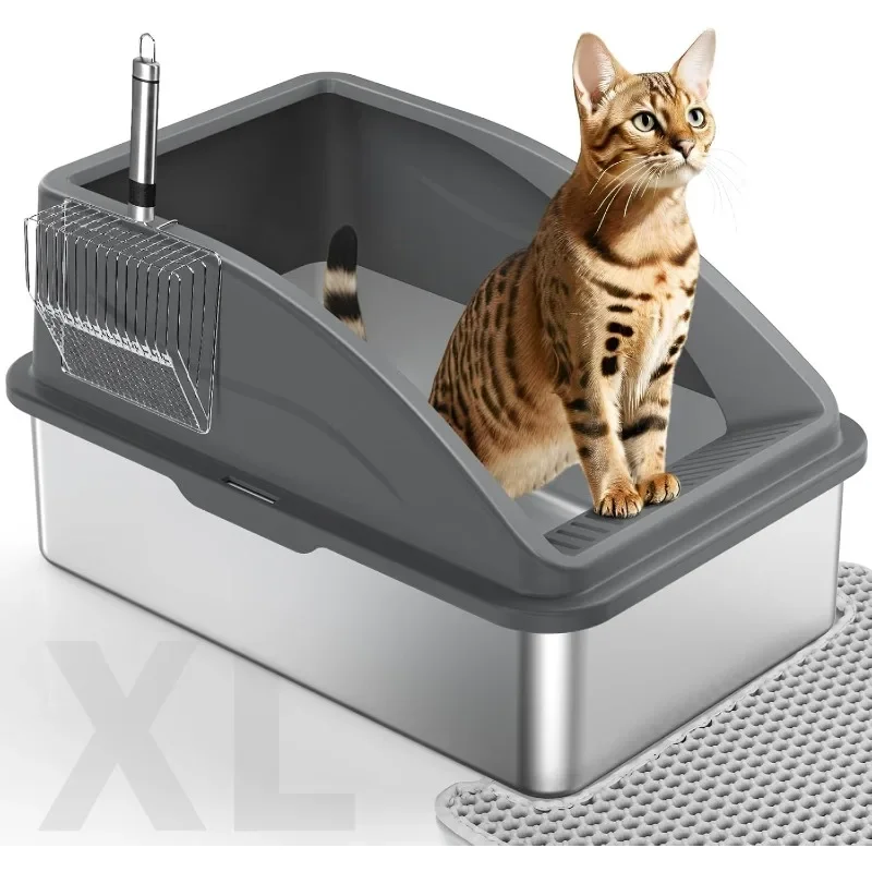 Stainless Steel Cat Litter Box, Extra Large Boxes for Big Cats, Anti-Urine Leakage XL Box with High Sides, Xlarge Metal Lid