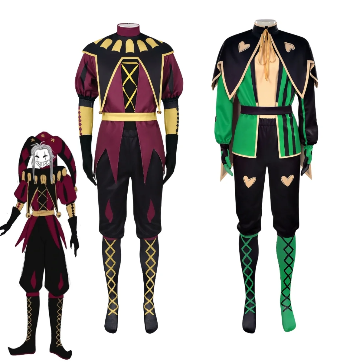 

The Freak Circus Pierrot Clown Full Set Cosplay Costume Men Green Clown Uniform Halloween Horror Carnival Party Outfit