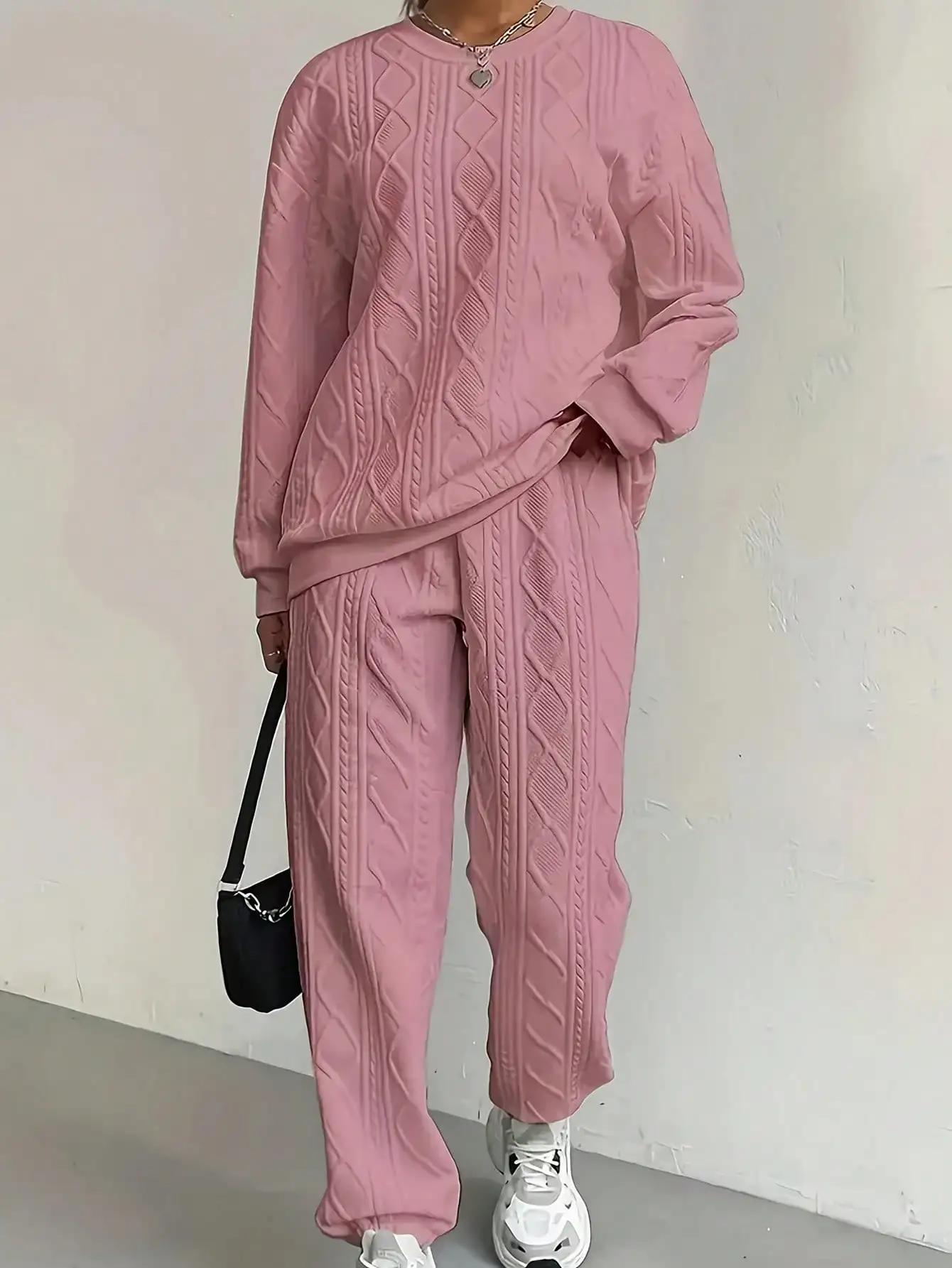 여성용 핑크 텍스처 니트 라운지 세트, 오버사이즈 긴팔 상의 & 조거 팬츠, 캐주얼하고 아늑한 의상