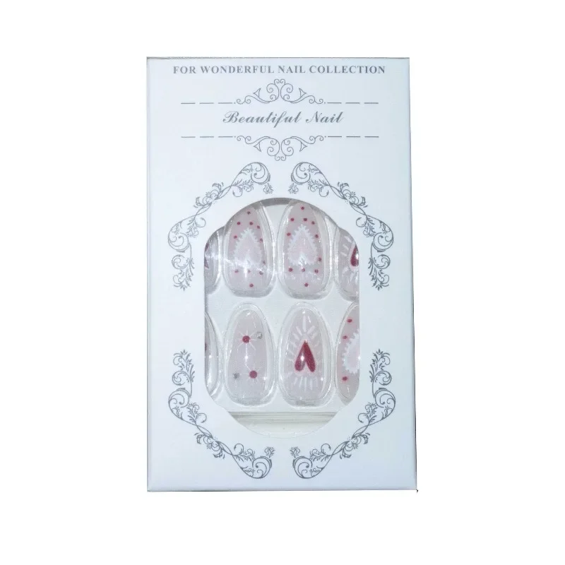 24個入りアーモンド型プレスオンネイル、ラグジュアリーボウレッド、ラブチェリーデザイン、つけ爪、スイートキュートダイヤモンド、グラマラスマニキュア（女性用）