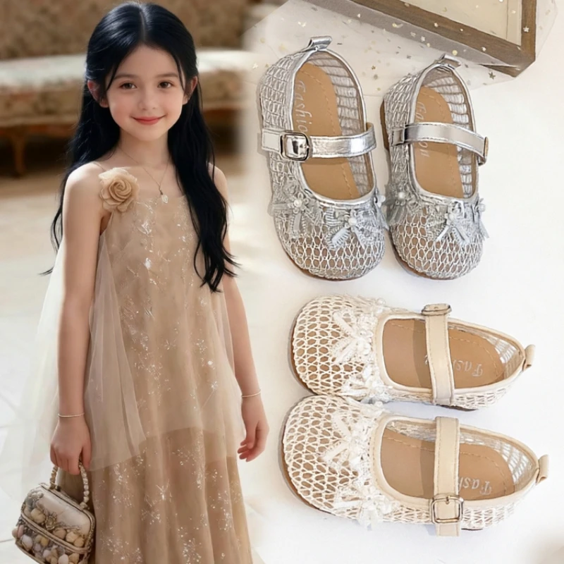 

Lolita Kids Princess Dress Shoes New Mesh Lace Girls Causal Bow Flat Shoes Children Perform Mary Jane Shoes Wedding Party Daily