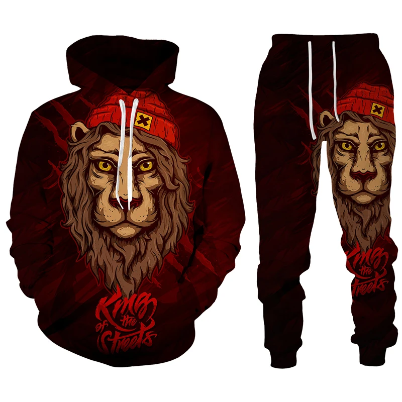 Men Hoodie Set Animal Lion 3D Print Men\'s Tracksuit Sets Casual Hoodie Pants 2pcs Sets Oversized Sweatshirt Fashion Men Clothing