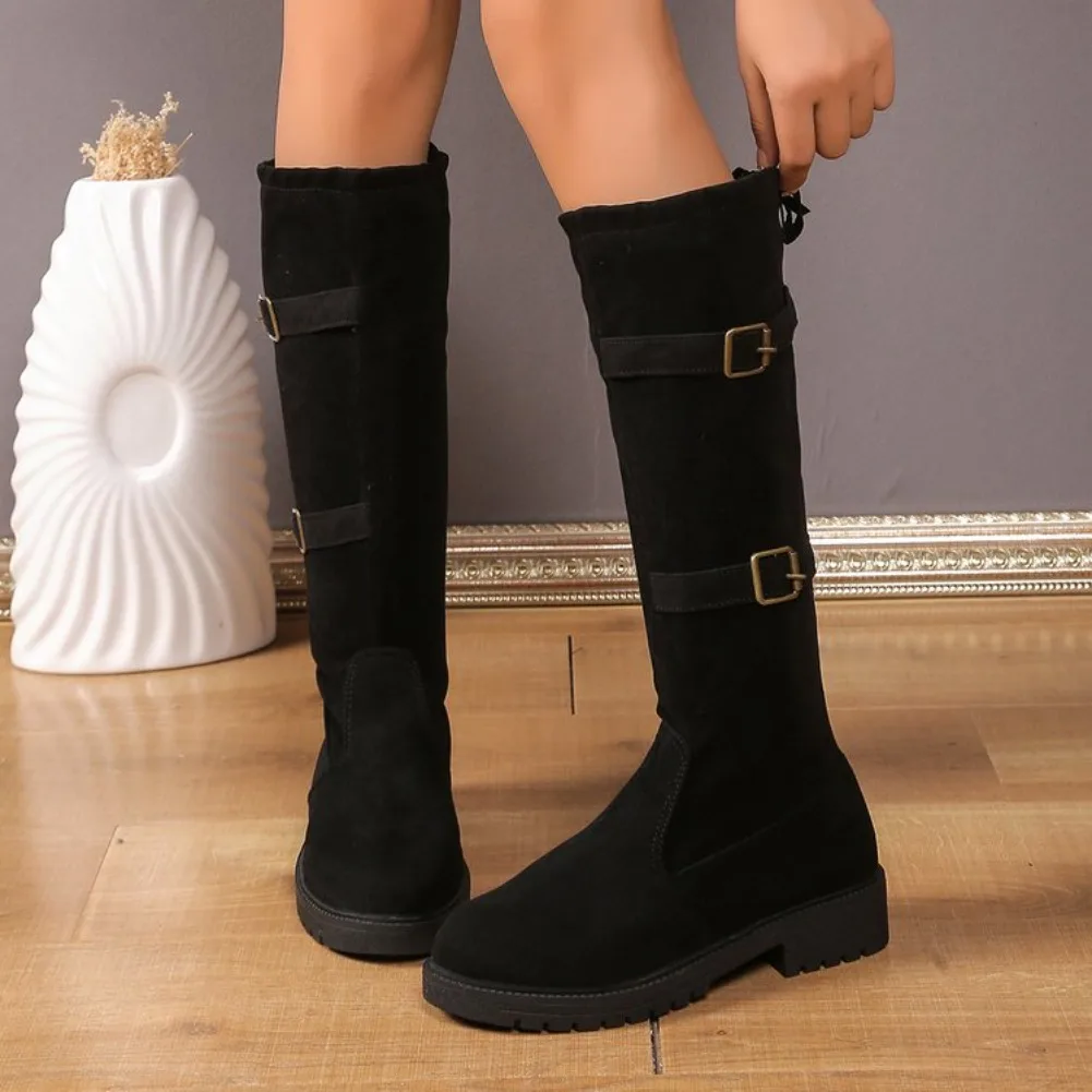 Modische Schnallen-Dekorations-Kniehohe Stiefel für Damen 2025 Herbst Einfarbige Slip-on-Stiefel mit Schleifendesign Modische Stiefel – Detail 2