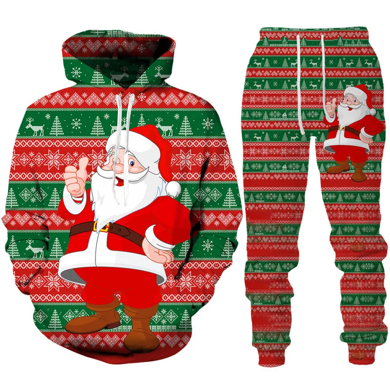 Funny Santa Claus 3D Print Tracksuit Set Man Woman Hoodie+Pants 2pcs Set Fashion Oversized Casual Christmas Party Couple Clothes