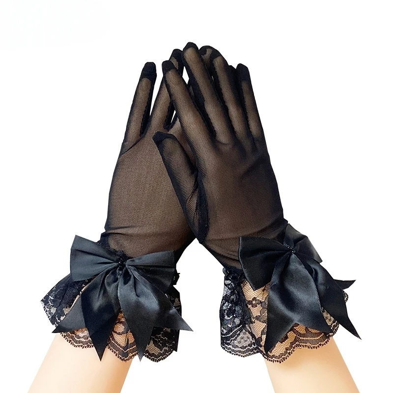 1/2Pairs Mesh lace bowknot gloves, full-finger gloves, suitable for prom parties and cosplay.
