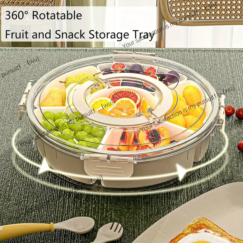 

Split rotating tray with lid and handle, portable snack box, transparent belt rotating