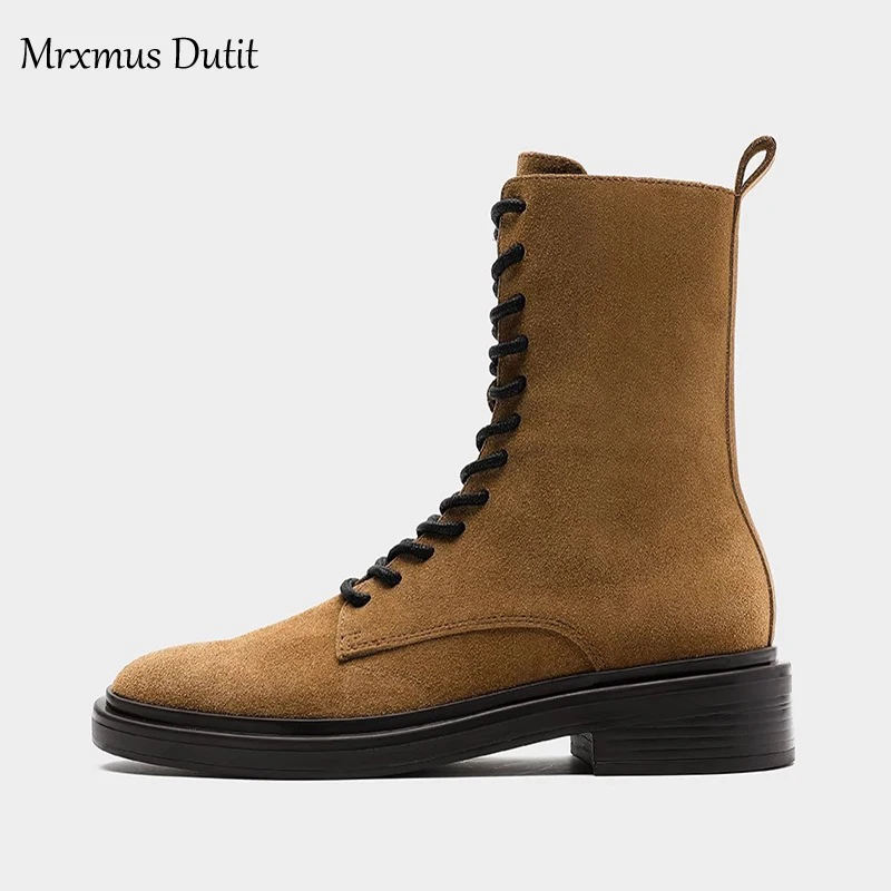 Mrxmus Dutit  2023 Autumn Winter Fashion New Women Genuine Leather Lacing Flat Short Boots Round Head Simple Casual Short Female