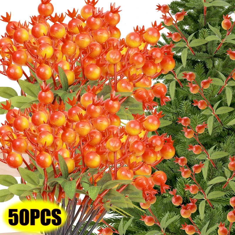 50/5pcs Artificial Pomegranate Orange 4 Heads Red Simulated Pomegranate Fruit Branch for Artificial Wedding Party Tabel Decor