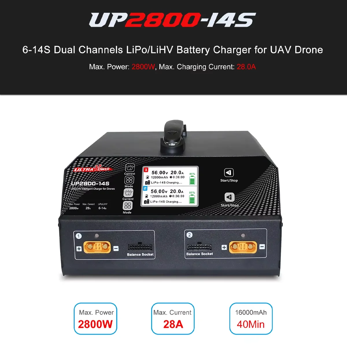 

Ultra Power UP2800-14S 2X1400W 28A 6-14S LiPoLiHV Battery UAV Drone Charger