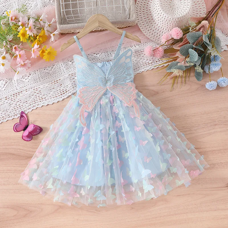 2025 Girls Cute Butterfly Embroidery Dress Summer Children Colorful Mesh Dress Baby Sling Wings Princess Dress 3-8T