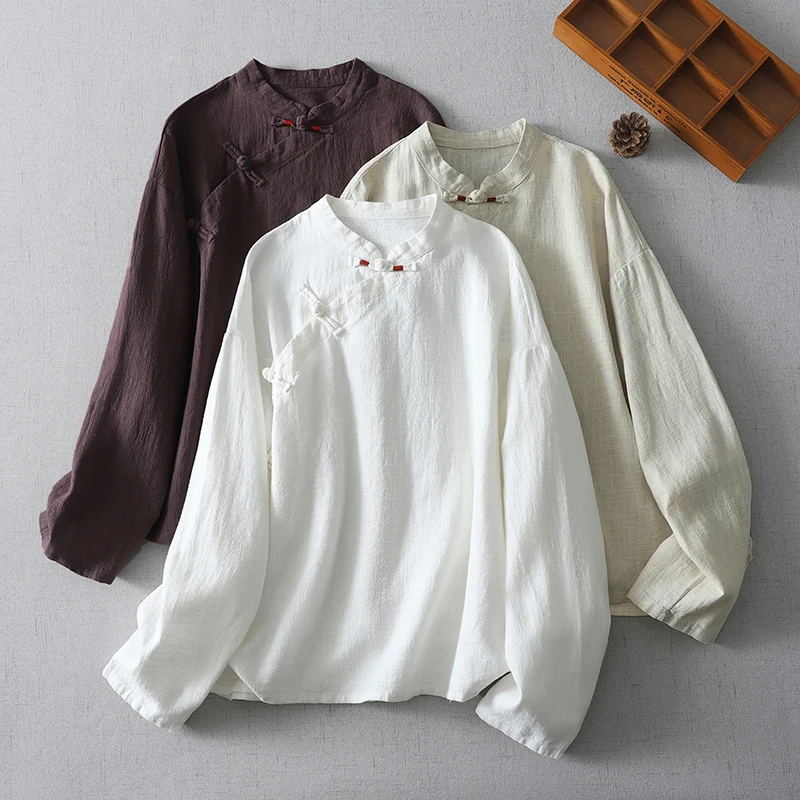 

Chinese Style Button Front Solid Color Cotton Linen Shirts Women Spring Summer Long Sleeve Retro Pastoral Casual Loose Blouse