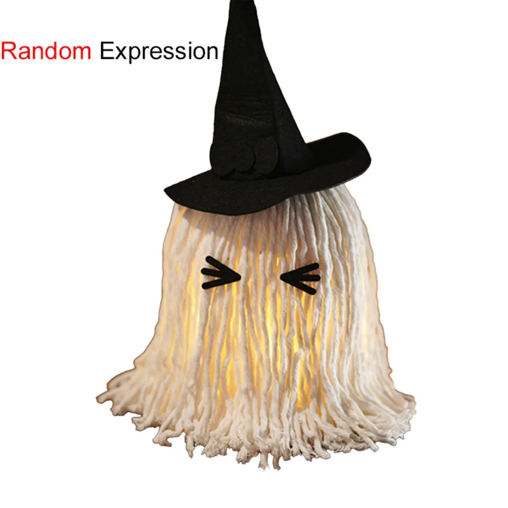 

Luminous Halloween Hanging Ghost Light with Hat White Tassels Specter Ornaments DIY Expression LED Mop Head Desktop Decoration