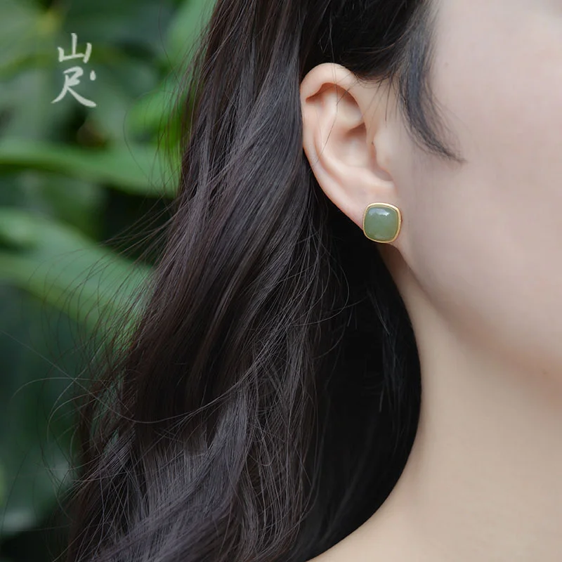 High-end Jade Square Earrings For Lady Piercing Accessories Trendy 925 Sterling Silver Needle Earrings Women Jewelry Fashion