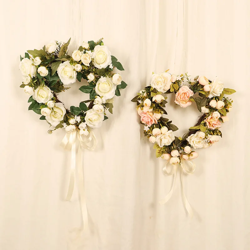 

Spring and Summer Simulation Rose Garland Valentine's Day Wedding Home Decoration Heart Shaped Rattan Wreath Garland