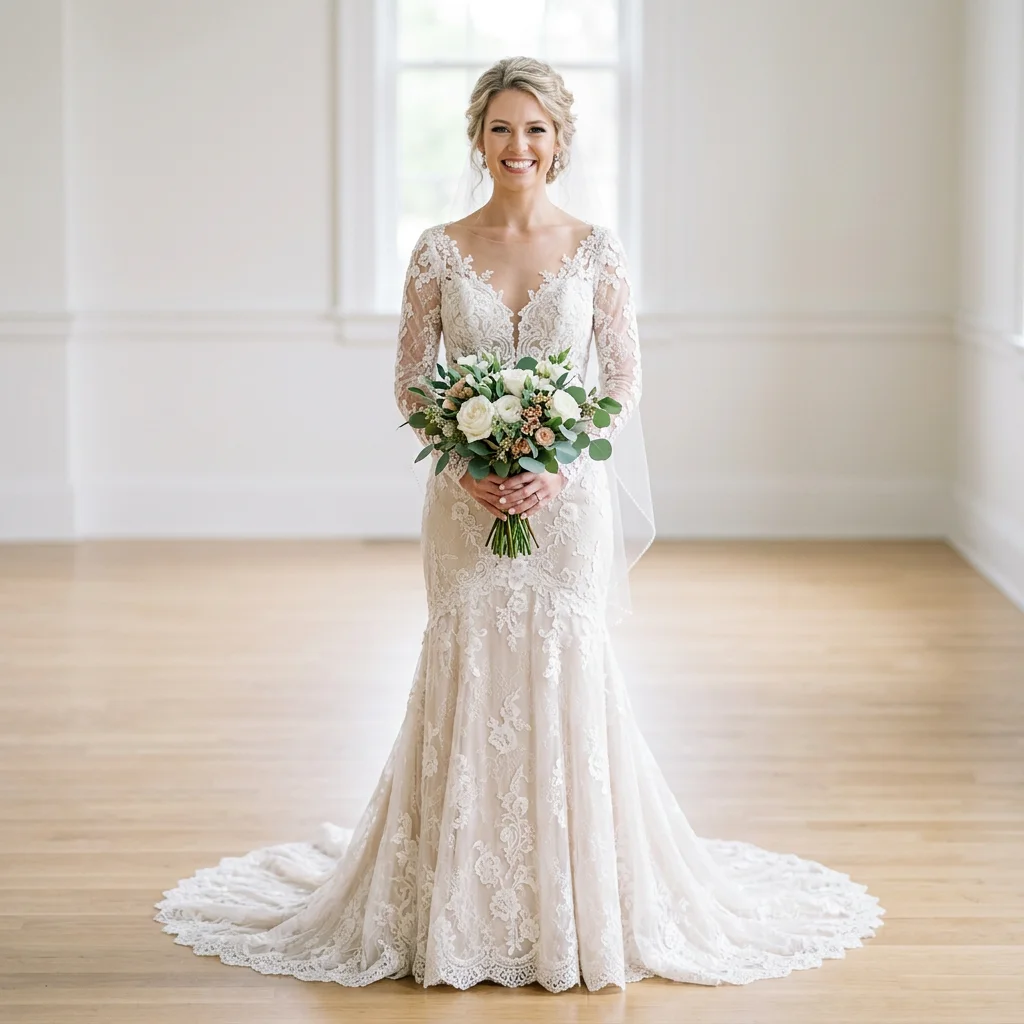Illusion V Neck Long Sleeve Lace Mermaid Wedding Dress Scalloped Lace Train Bridal Gown