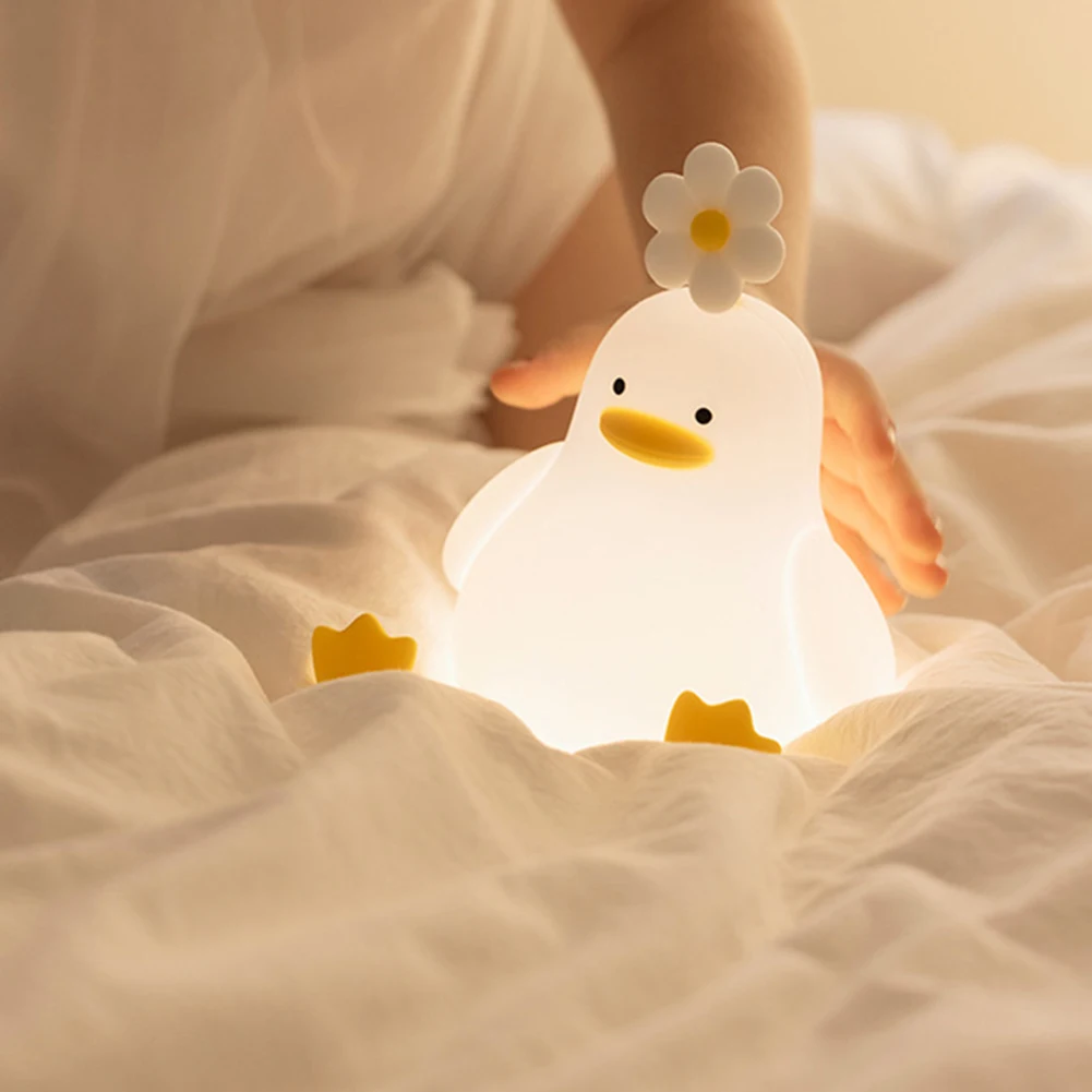 Night Lamp Cute Flower Ducks Cartoon Silicone Patting Sleeping Night Light USB Rechargeable Bedroom Bedside Decor Lamp Kids Gift