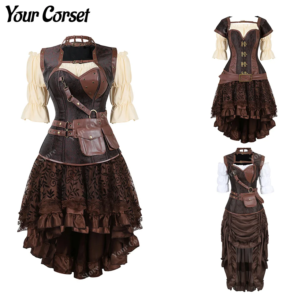 Steampunk Corset Dress Pirate Costume Vintage Renaissance Blouse Women Brown Pirate Corset Dress Plus Size Viking Costume Skirt