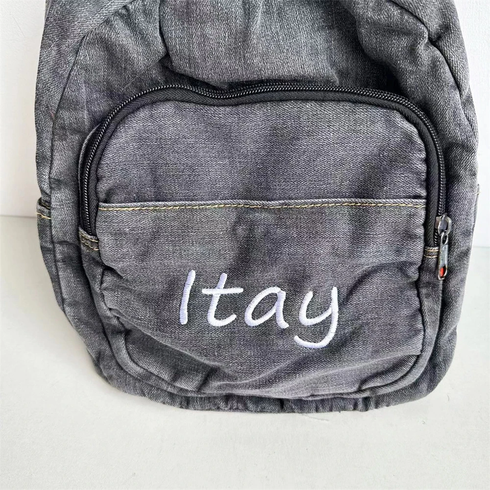 Personalized Embroidered Denim Backpack Ins Minimalist Casual Student Backpack Korean Version Vintage Washed Denim Backpack