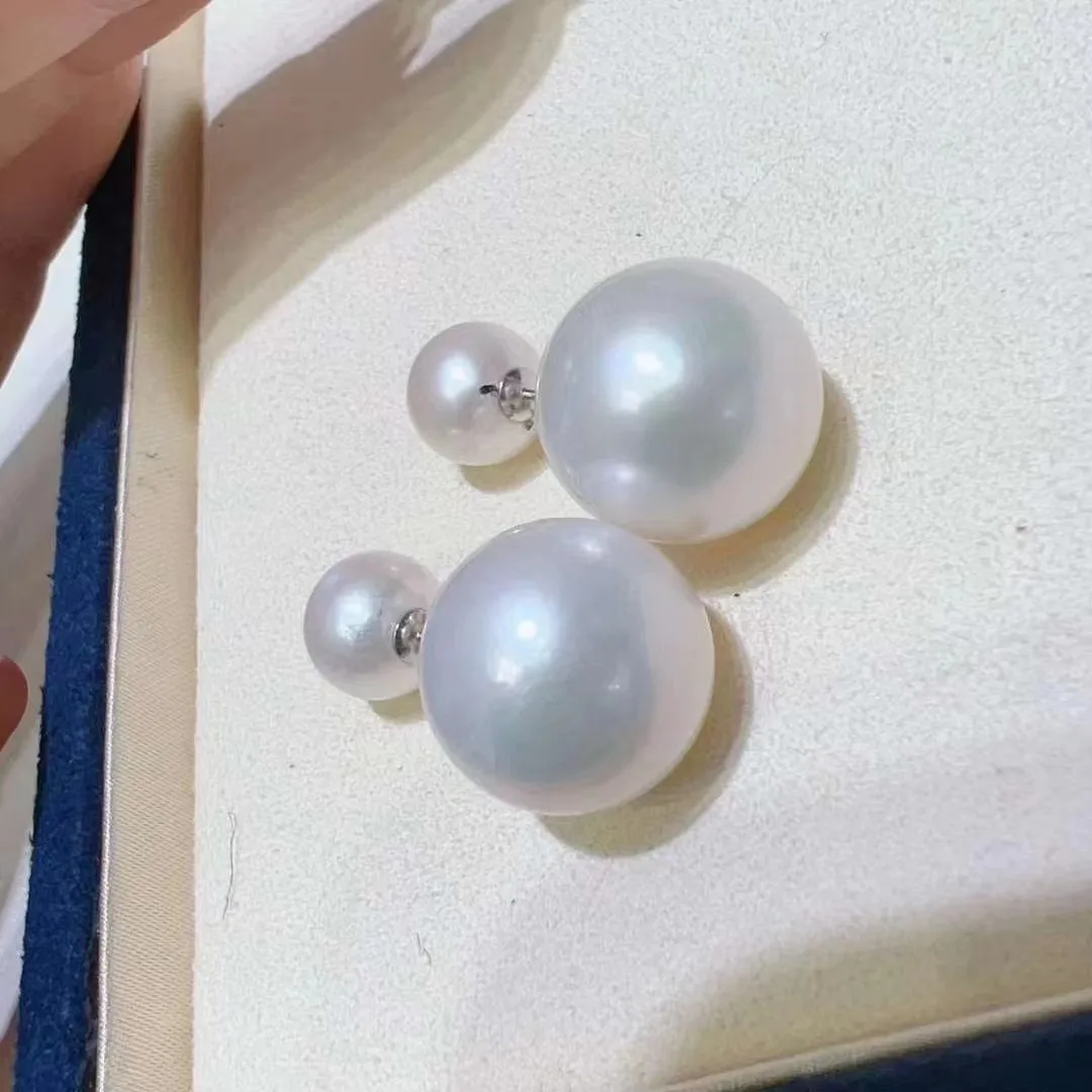 Double pearls Gorgeous AAAA+++ Japan Akoya Round 11-12mm White Pearl Earrings 925