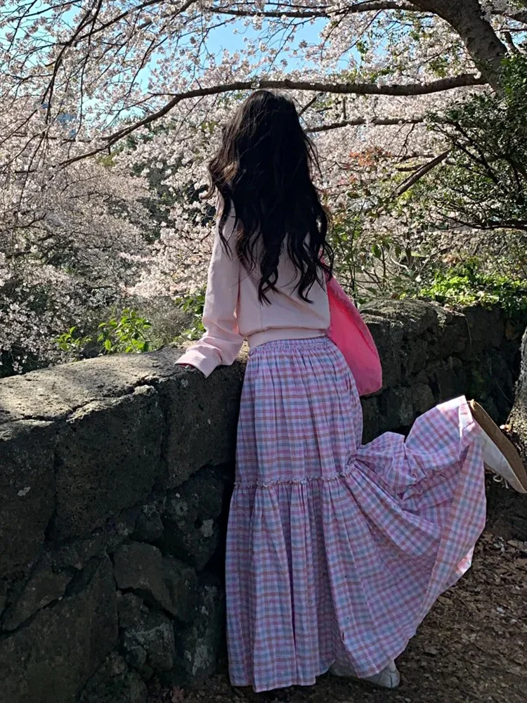 

Slimming Plaid A-Line Skirt Women's Summer Waist Cinching Full Swing Midi Skirt Sweet Versatile High Waist Cheered Skirt